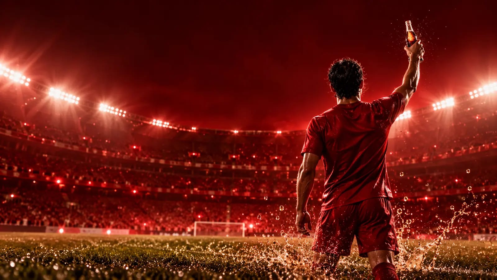 Un calciatore di spalle, in uno stadio illuminato di rosso, alza una bottiglia di vetro