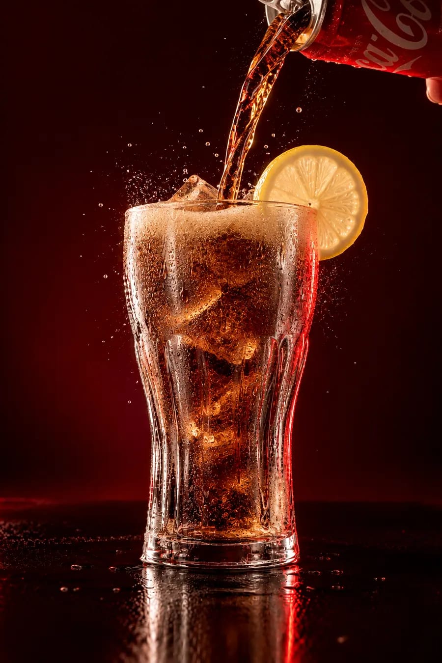 Coca-Cola versata dalla lattina nel bicchiere con ghiaccio e limone, schiuma in superficie