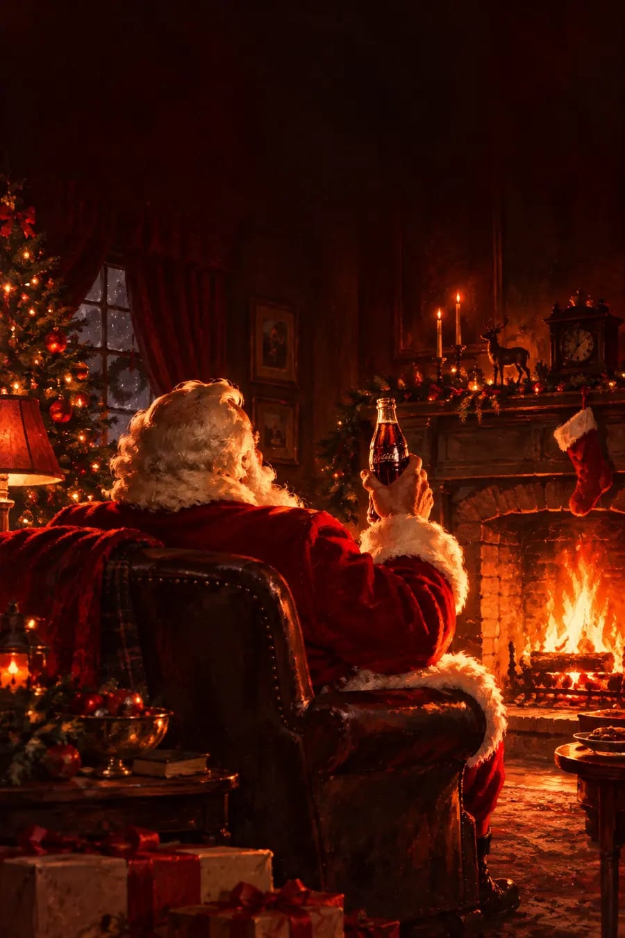Babbo Natale in poltrona davanti al camino acceso, con una bottiglia in mano.